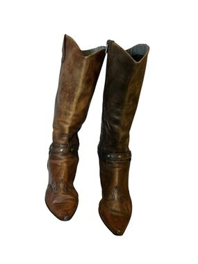 Vintage Caprice Leather Pont Toe Moto Harness Cowboy Boot with Zipper in Brown